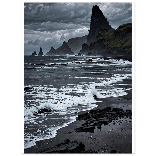 Plage de sable noir, Islande volcanique, Vagues atlantiques – affiche d'art décoratif, poster mural | Muchimura