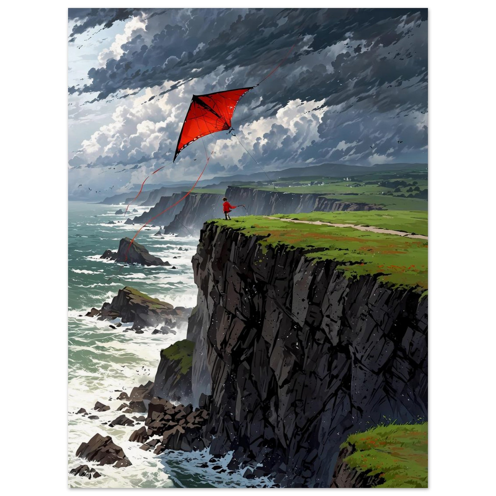 Affiche illustrée Enfant et cerf-volant — poster rétro, impression beaux-arts 250g