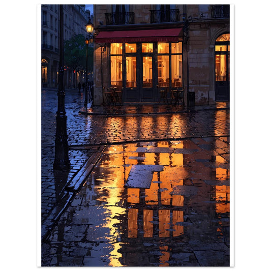 Rue parisienne, Pluie, Réverbères et café – affiche d'art décoratif, poster mural | Muchimura