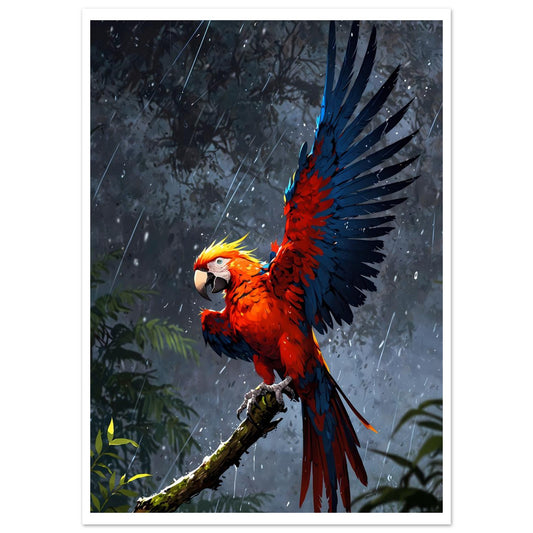 Perroquet ara rouge, Tempête, Lumière orange dramatique – affiche d'art décoratif, poster mural | Muchimura