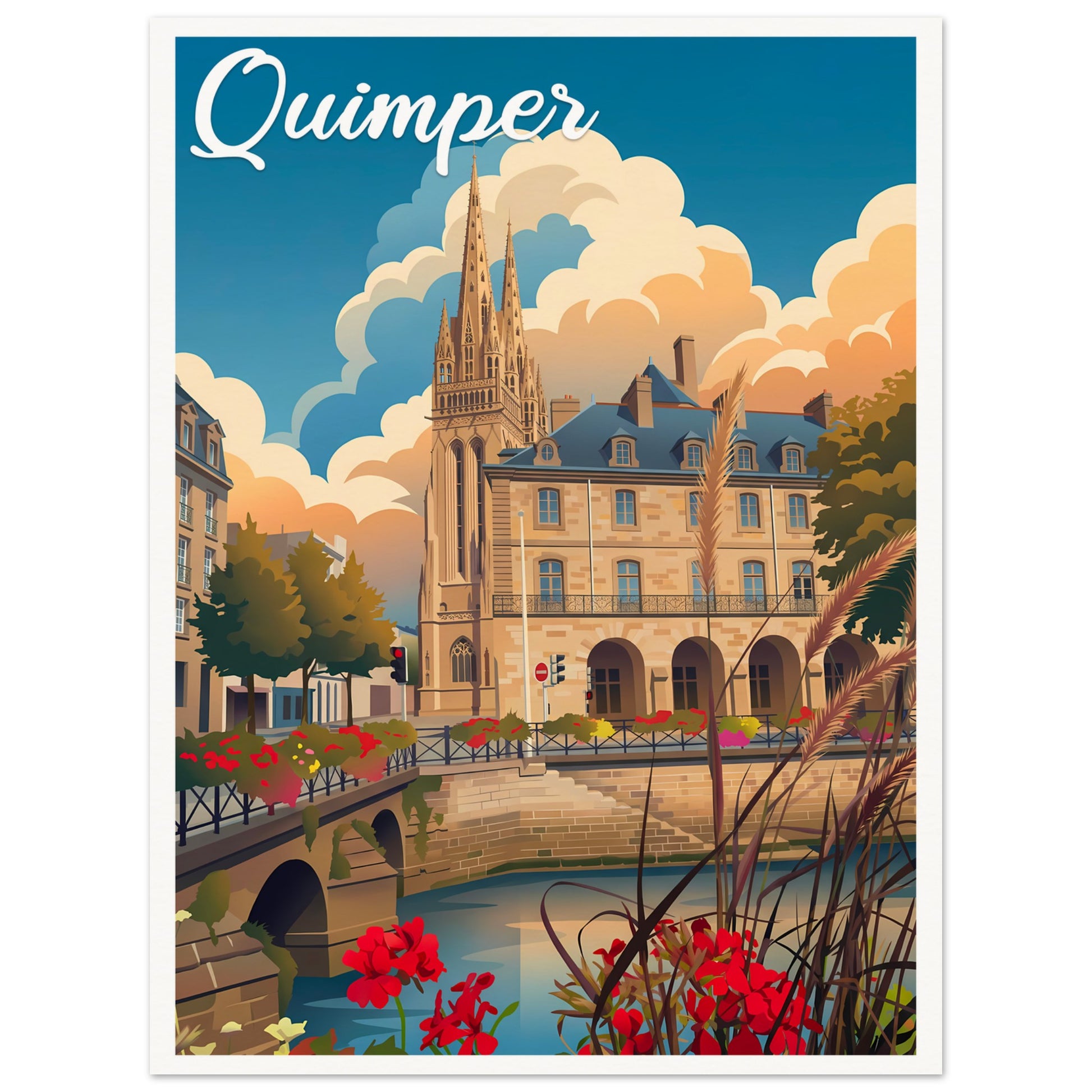 Affiche illustrée Quimper — poster rétro, impression beaux-arts 250g