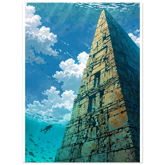 Pyramide engloutie, Surface de la mer, Plongeur solitaire – affiche d'art décoratif, poster mural | Muchimura