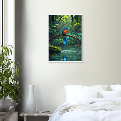 Martin-pêcheur, Branche au-dessus de l'eau, Soleil rasant – affiche d'art décoratif, poster mural | Muchimura