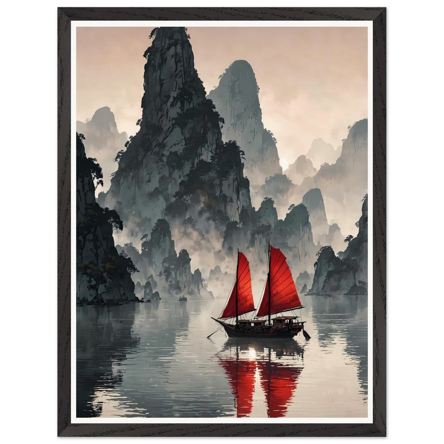 Affiche illustrée Baie de Ha Long Encadrée — poster rétro, impression beaux-arts 250g