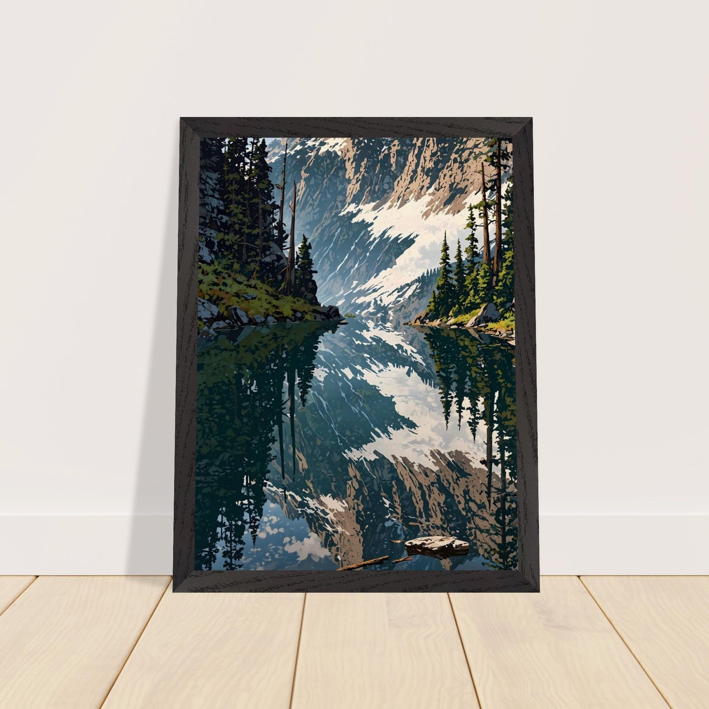 Affiche Forêt de Pins et Lac de Montagne encadrée, cadre bois (vue 2)