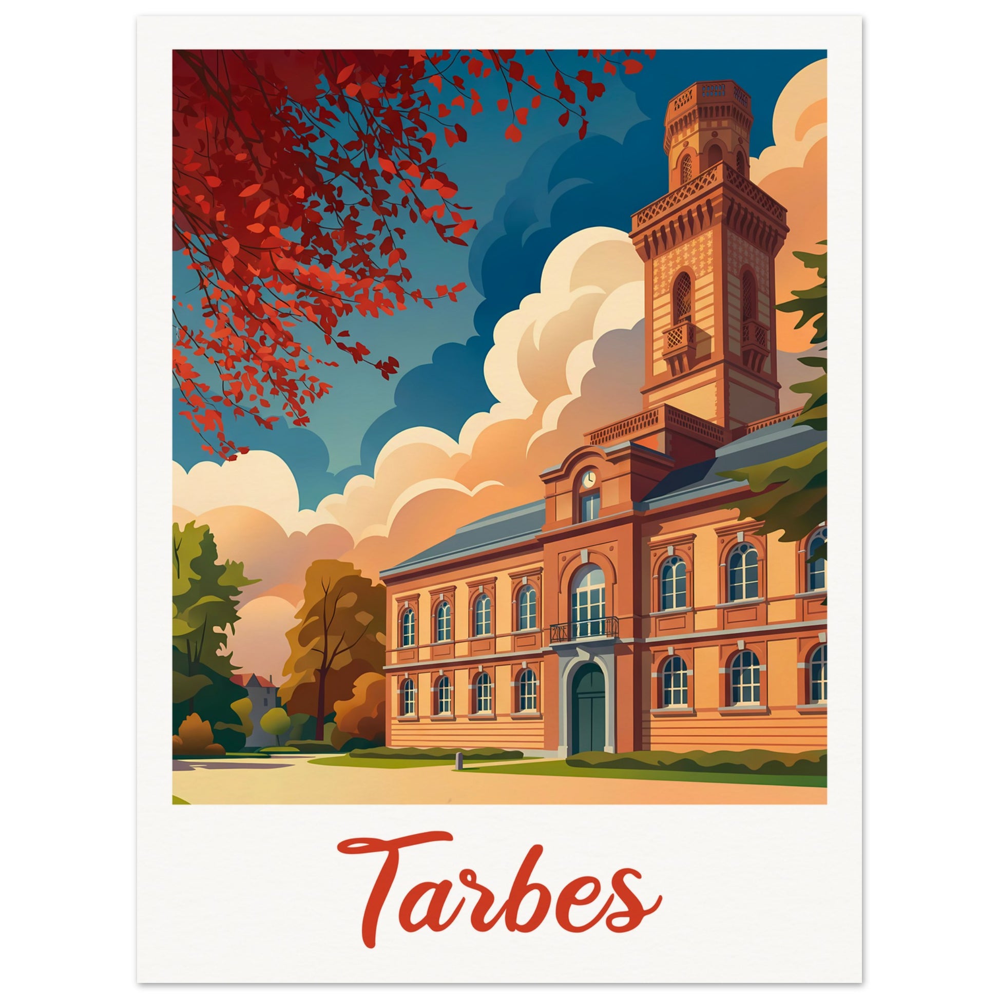 Affiche illustrée Tarbes, poster rétro, impression beaux-arts 250g