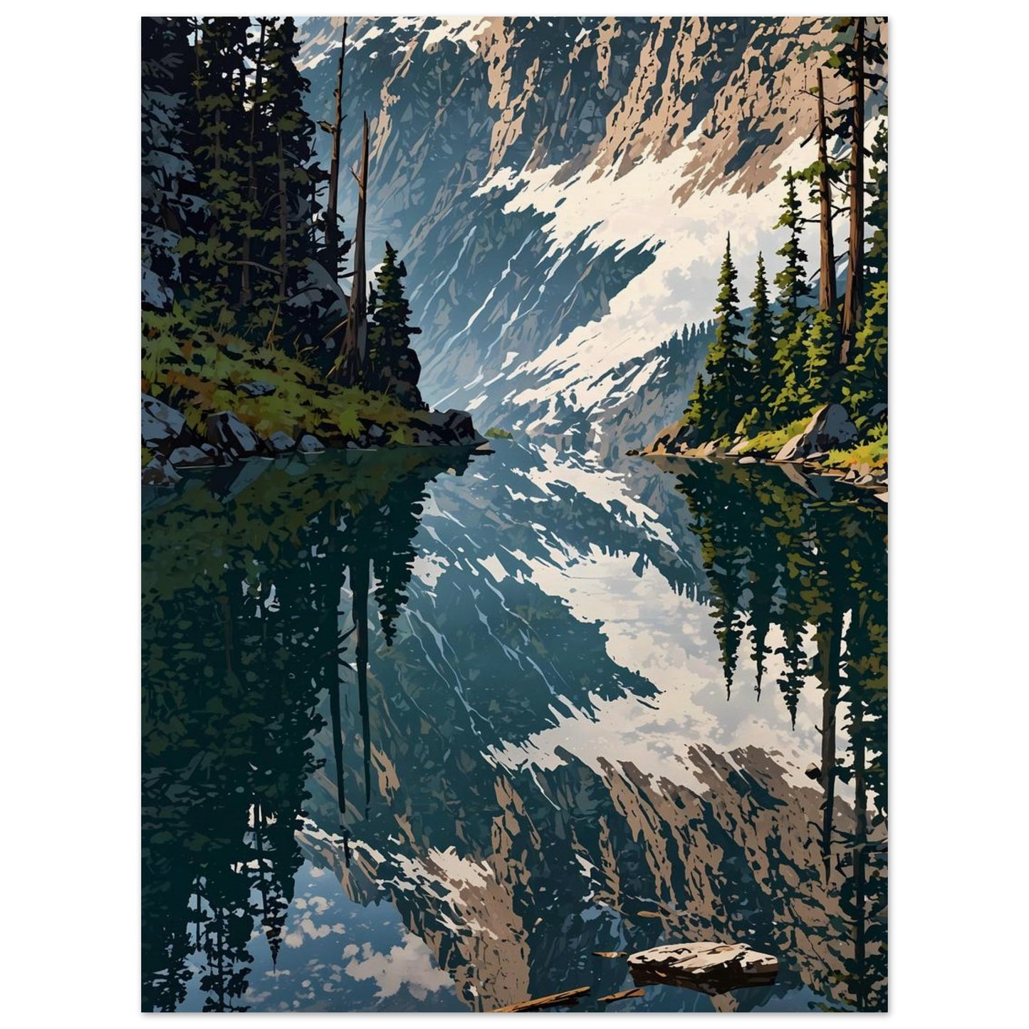 Affiche illustrée Forêt de pins et lac de montagne — poster rétro, impression beaux-arts 250g