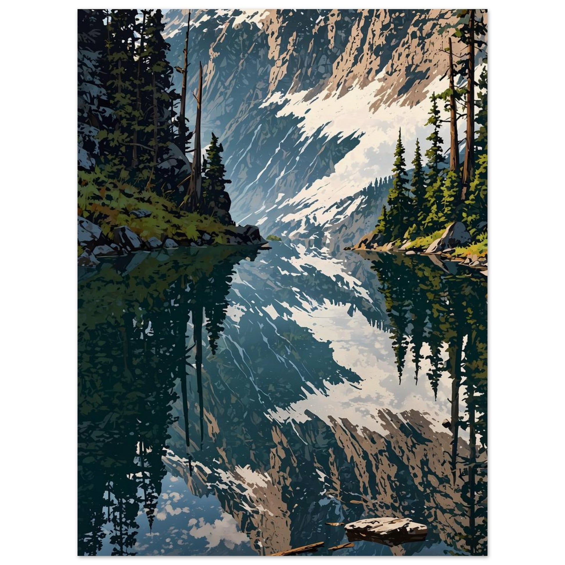 Affiche illustrée Forêt de pins et lac de montagne — poster rétro, impression beaux-arts 250g