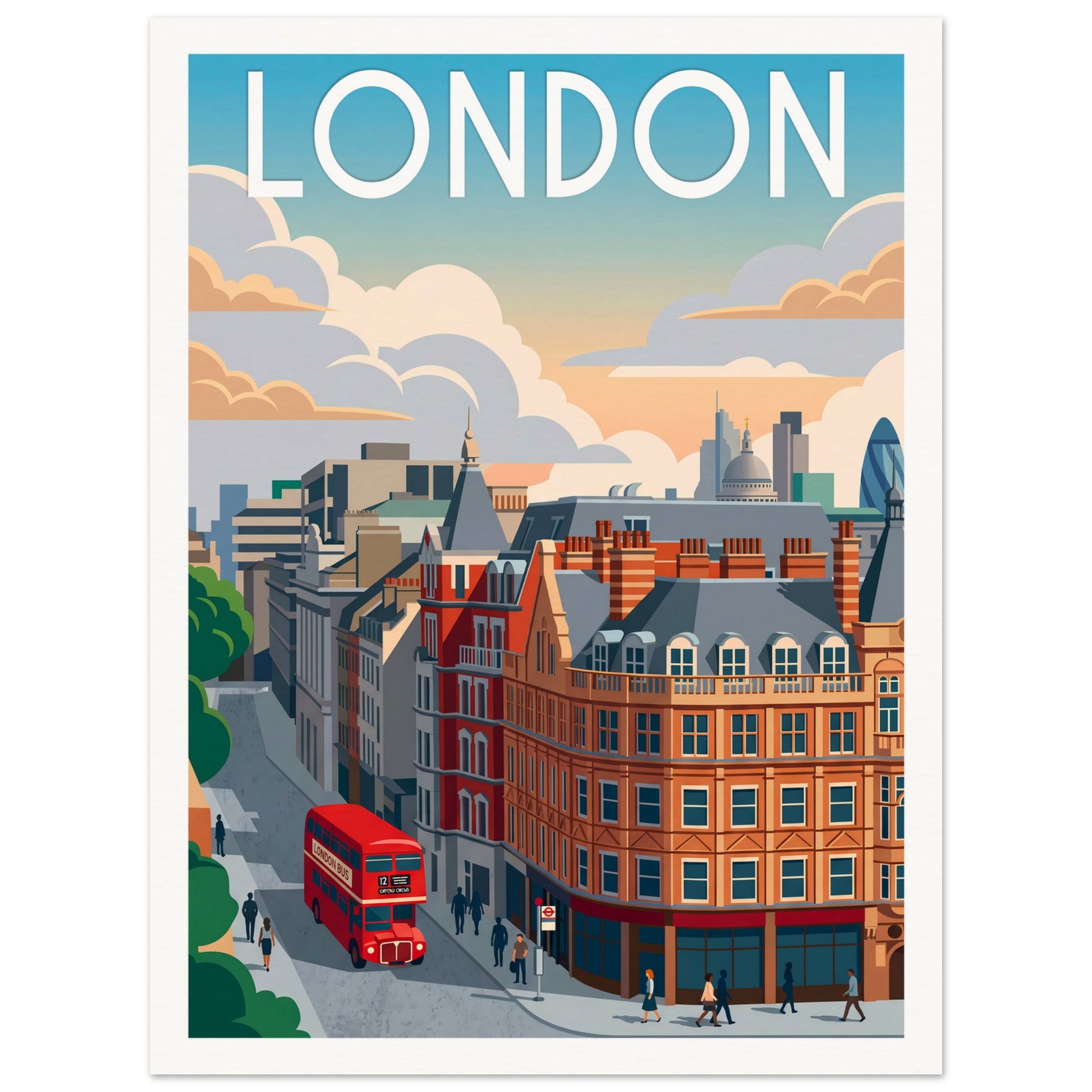Affiche illustrée londres, poster rétro, impression beaux-arts 250g