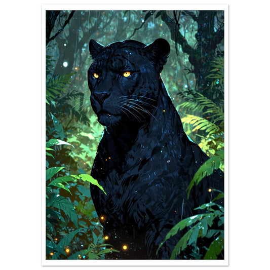 Panthère noire, Jungle tropicale, Pluie en mouvement – affiche d'art décoratif, poster mural | Muchimura
