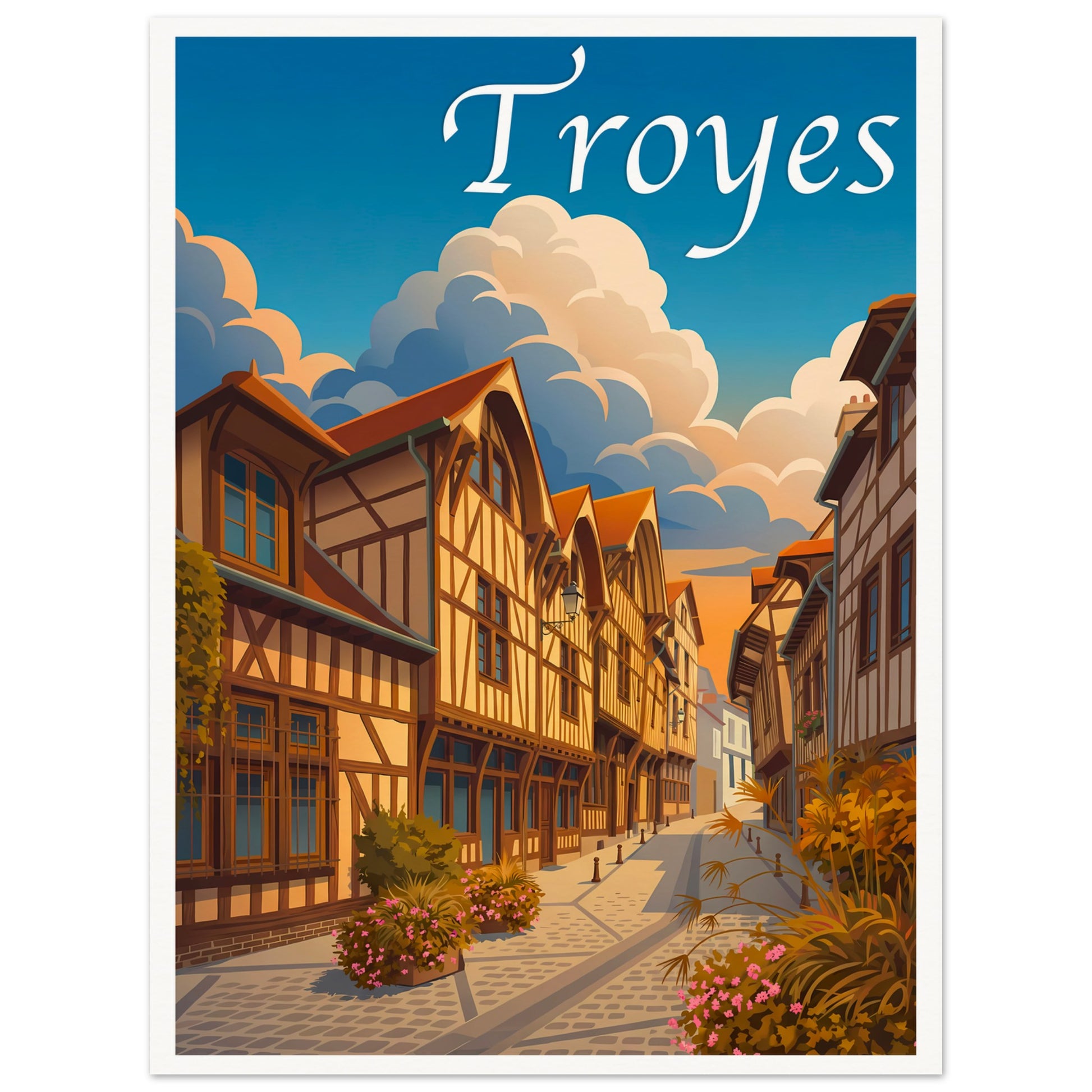 Affiche illustrée Troyes — poster rétro, impression beaux-arts 250g