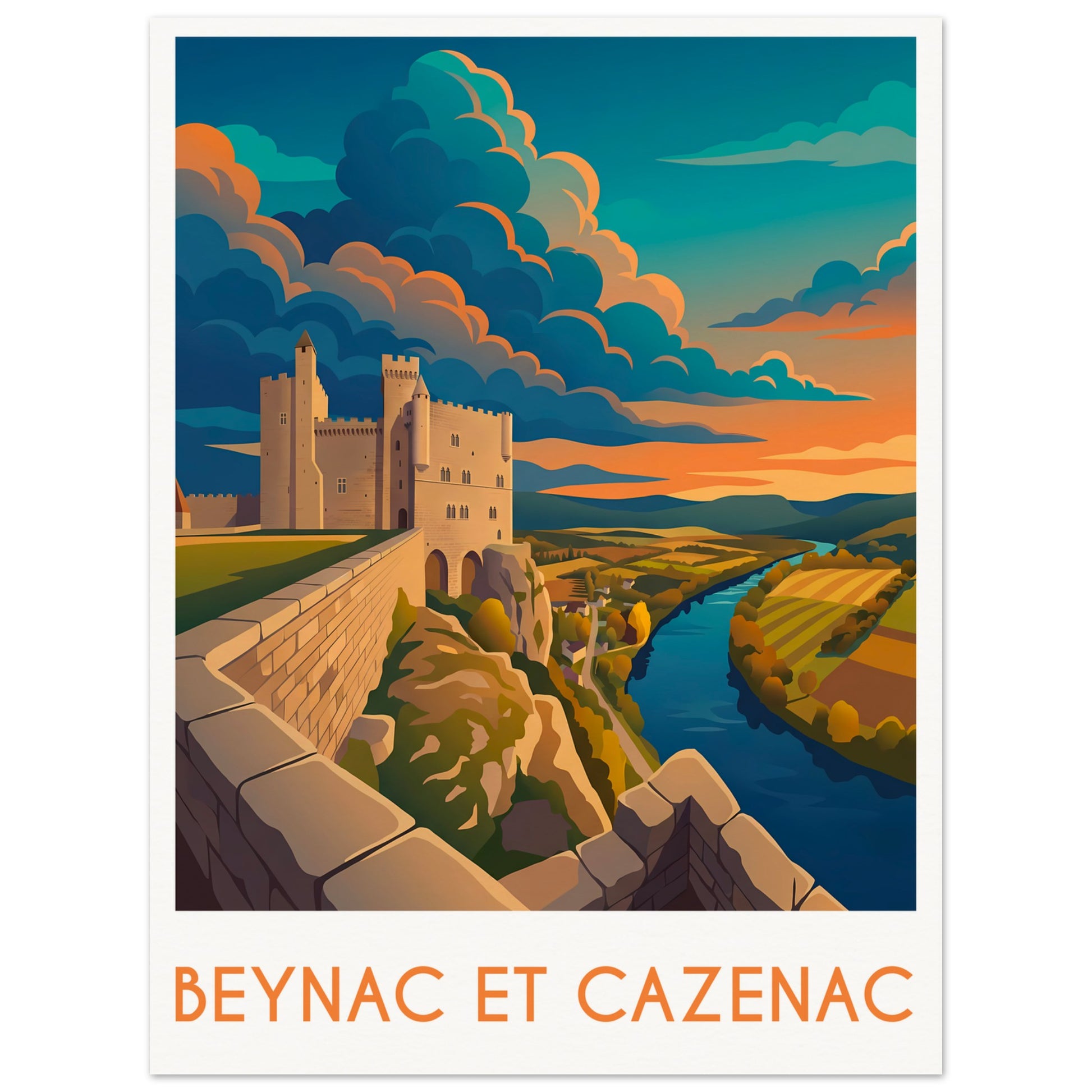 Affiche illustrée Beynac et cazeynac — poster rétro, impression beaux-arts 250g