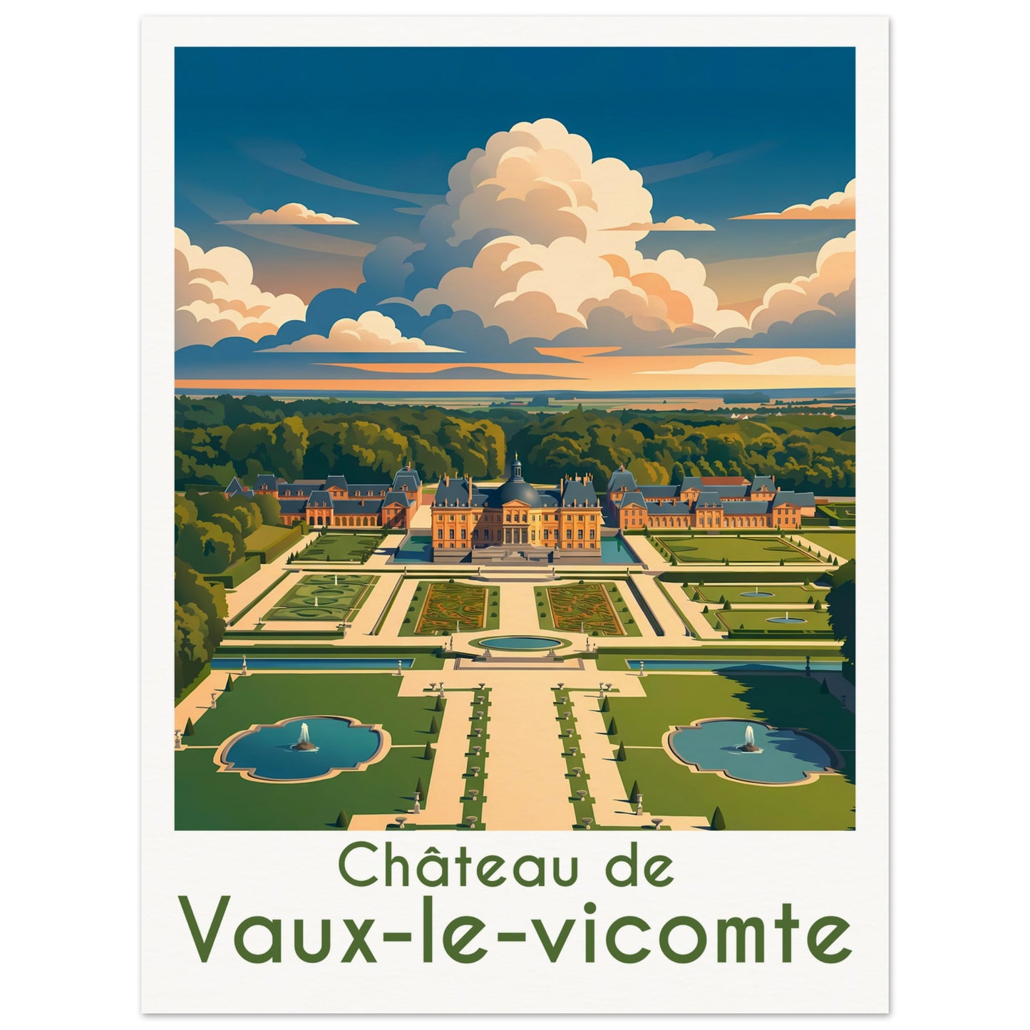 Affiche illustrée Vaux-le-Vicomte — poster rétro, impression beaux-arts 250g