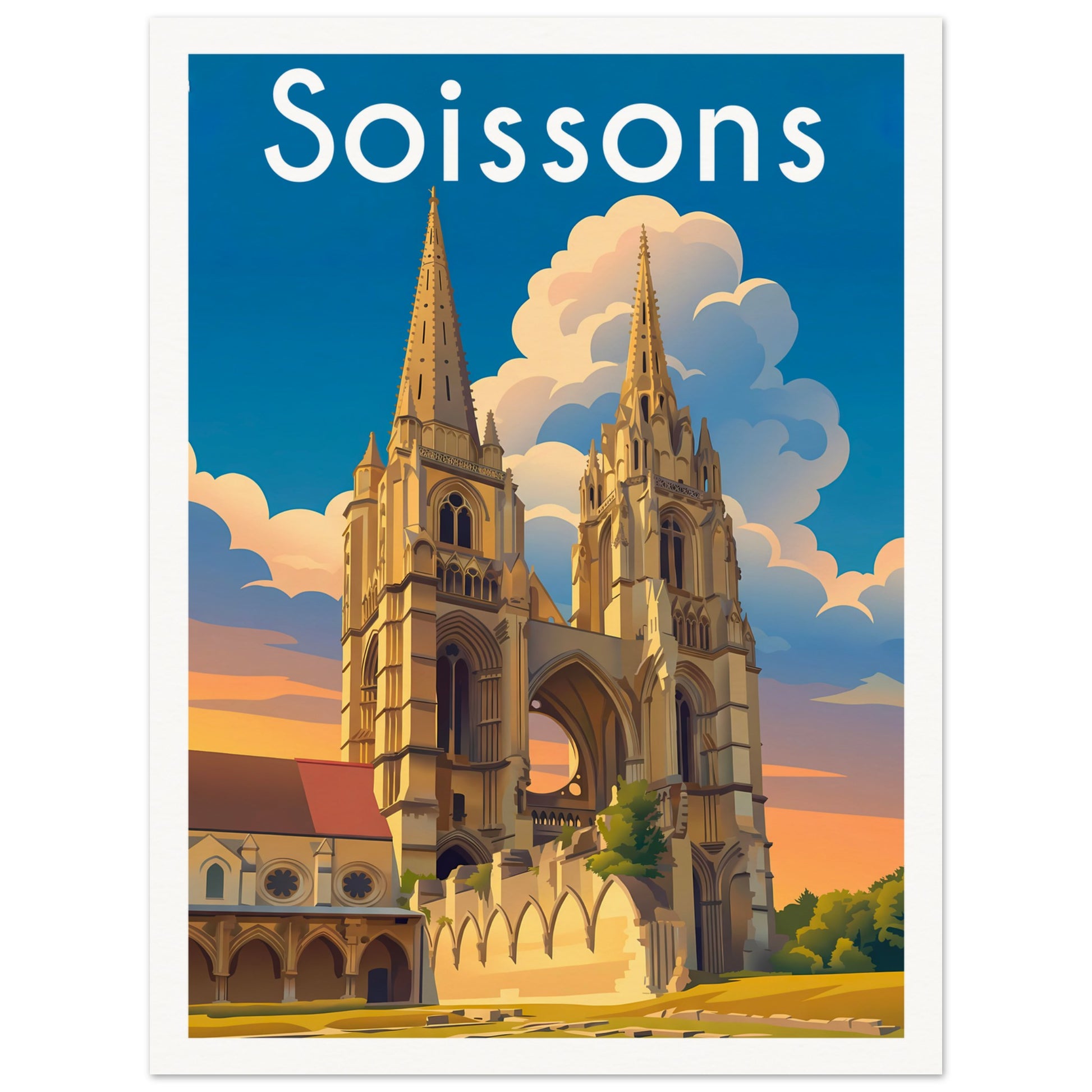 Affiche illustrée Soissons, poster rétro, impression beaux-arts 250g