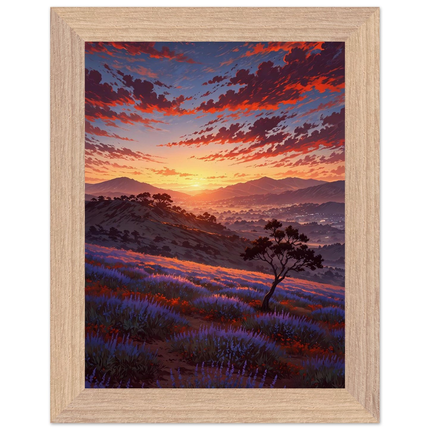 Affiche illustrée Champ de lavande Encadrée — poster rétro, impression beaux-arts 250g