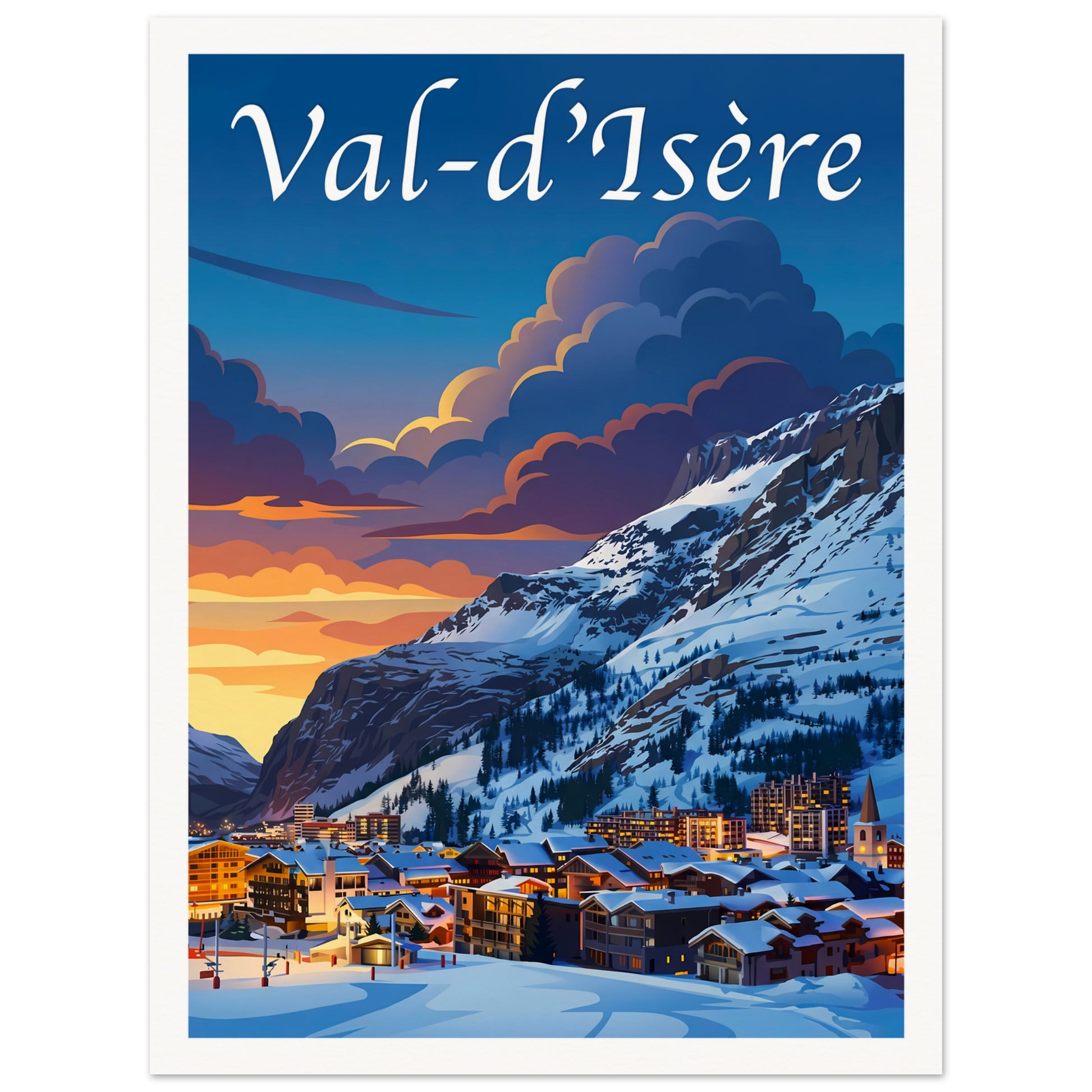 Affiche illustrée Val d'Isère, poster rétro, impression beaux-arts 250g