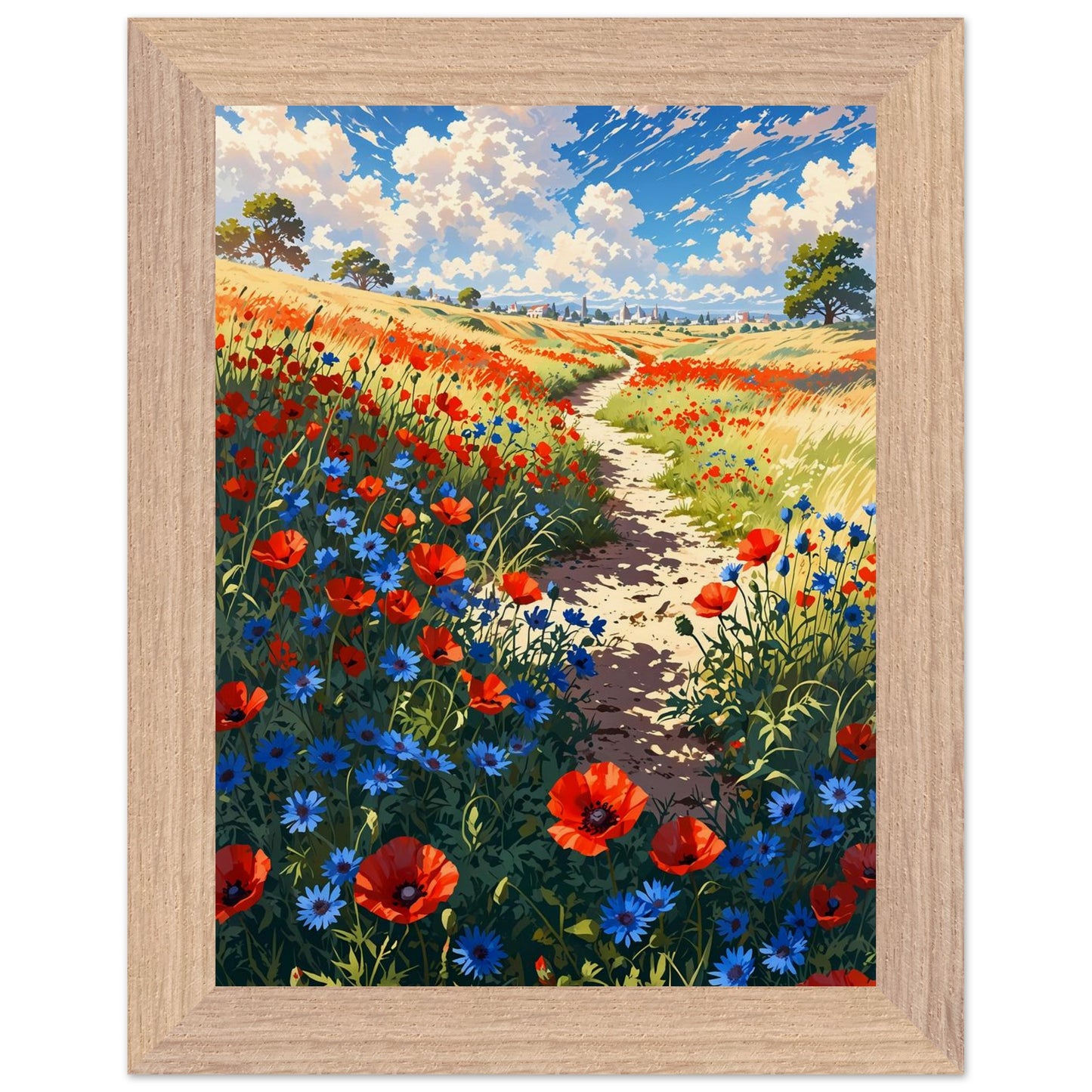 Affiche illustrée Champ de pavots et bleuets Encadrée — poster rétro, impression beaux-arts 250g
