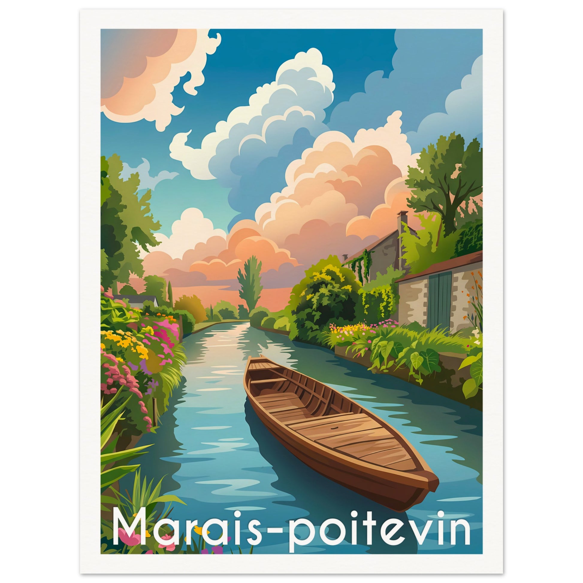Affiche illustrée marais-poitevin, poster rétro, impression beaux-arts 250g