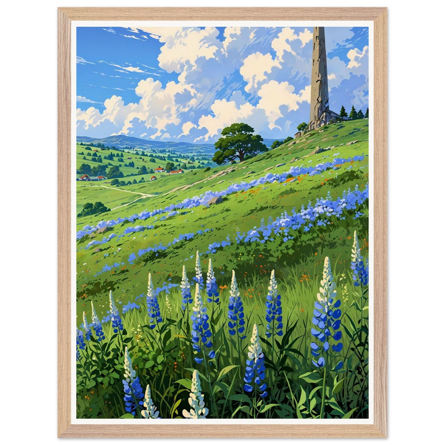 Affiche illustrée Champ de lupin bleu et violet Encadrée — poster rétro, impression beaux-arts 250g