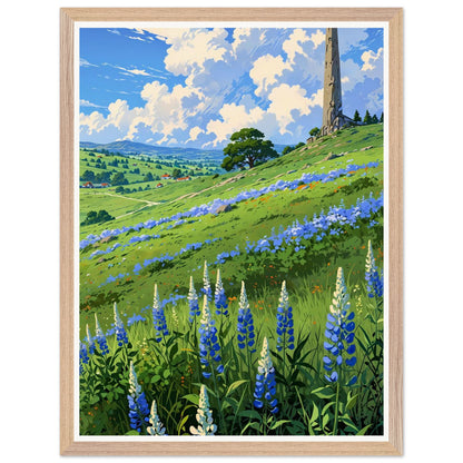 Affiche illustrée Champ de lupin bleu et violet Encadrée — poster rétro, impression beaux-arts 250g