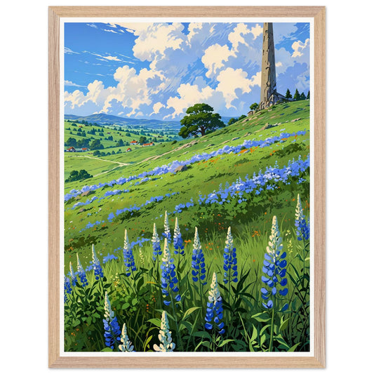 Affiche illustrée Champ de lupin bleu et violet Encadrée — poster rétro, impression beaux-arts 250g