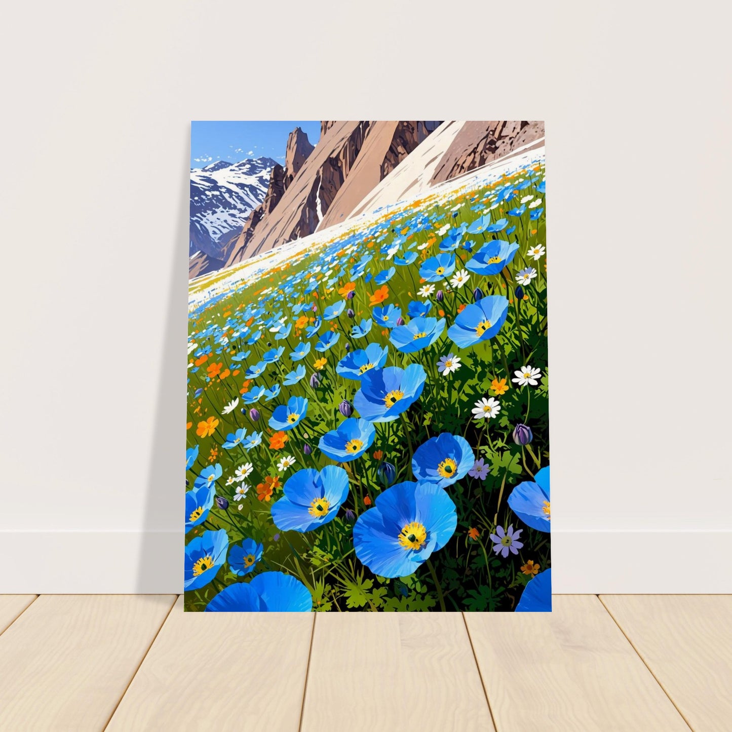 Affiche illustrée Champ de pavots bleus de l'Himalaya, poster rétro, impression beaux-arts 250g