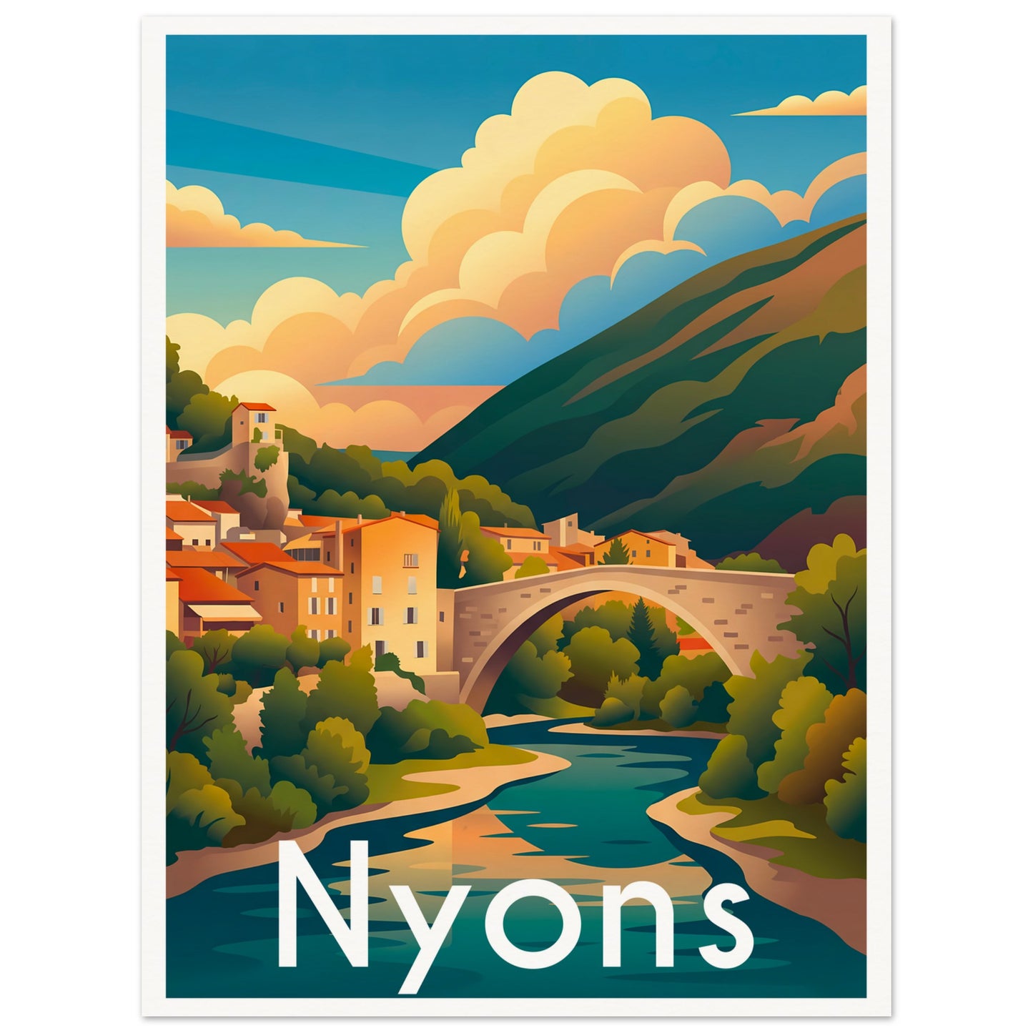 Affiche illustrée Nyons — poster rétro, impression beaux-arts 250g