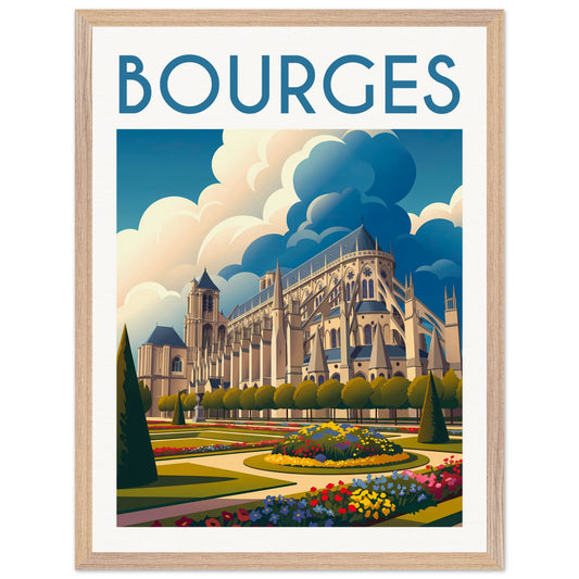 Affiche Bourges encadrée 30x40 cm, cadre bois naturel, cathédrale Saint-Étienne
