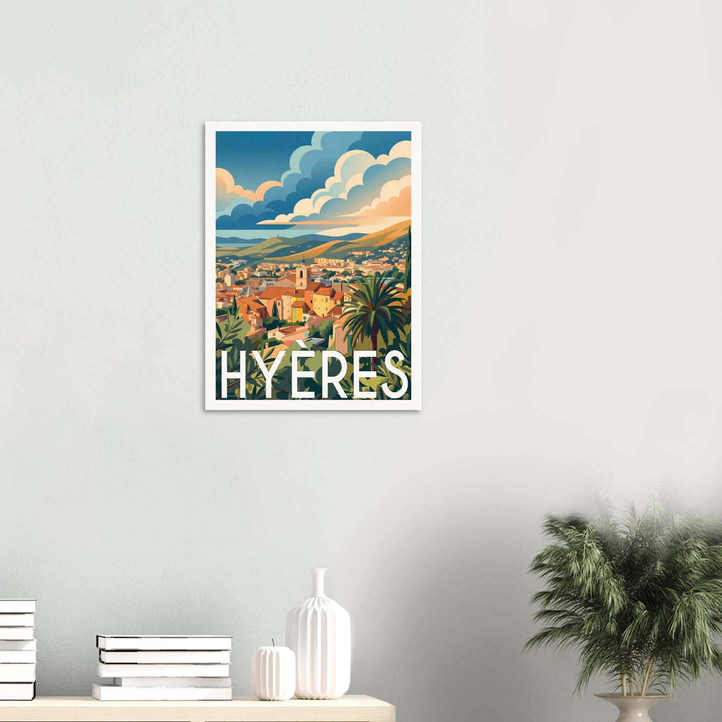 Affiche illustrée hyères — poster rétro, impression beaux-arts 250g