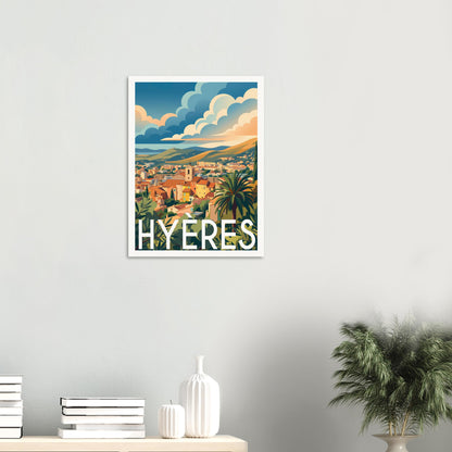 Affiche illustrée hyères — poster rétro, impression beaux-arts 250g