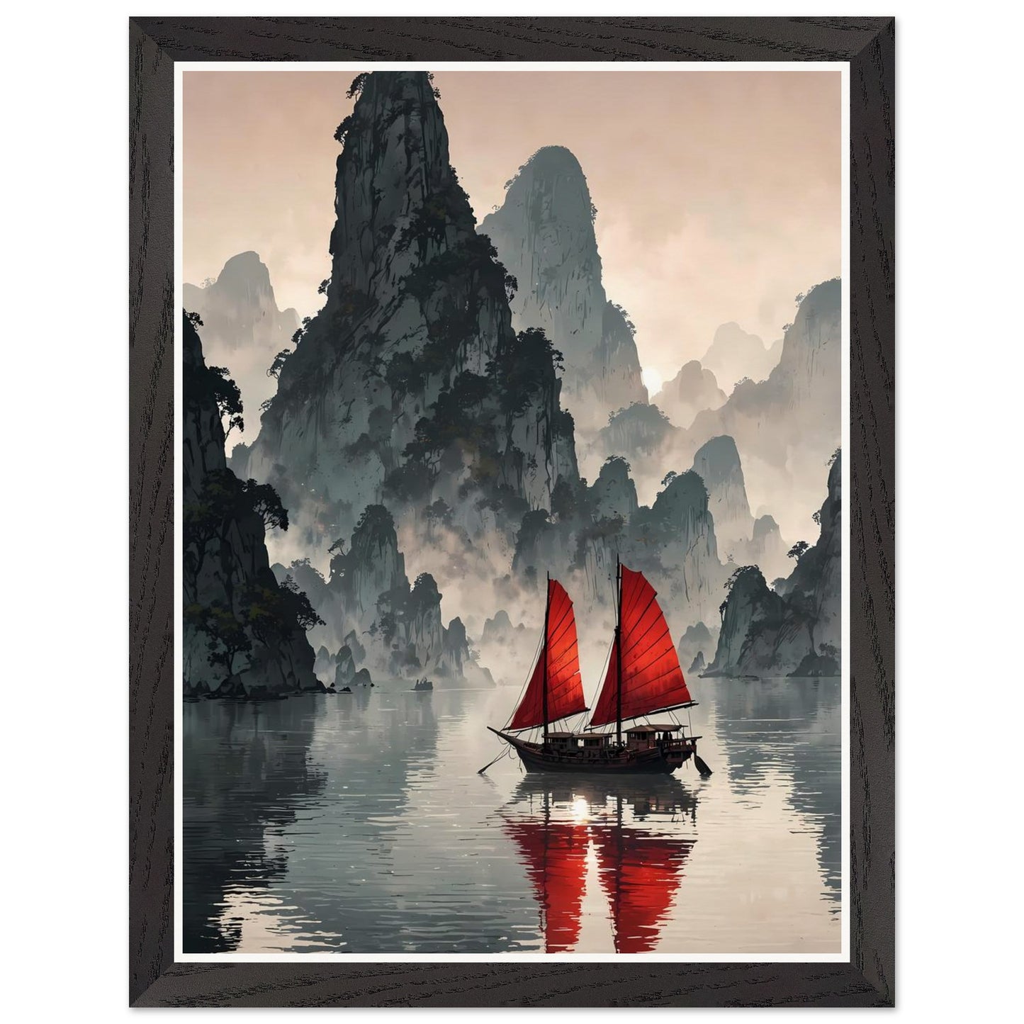 Affiche illustrée Baie de Ha Long Encadrée — poster rétro, impression beaux-arts 250g