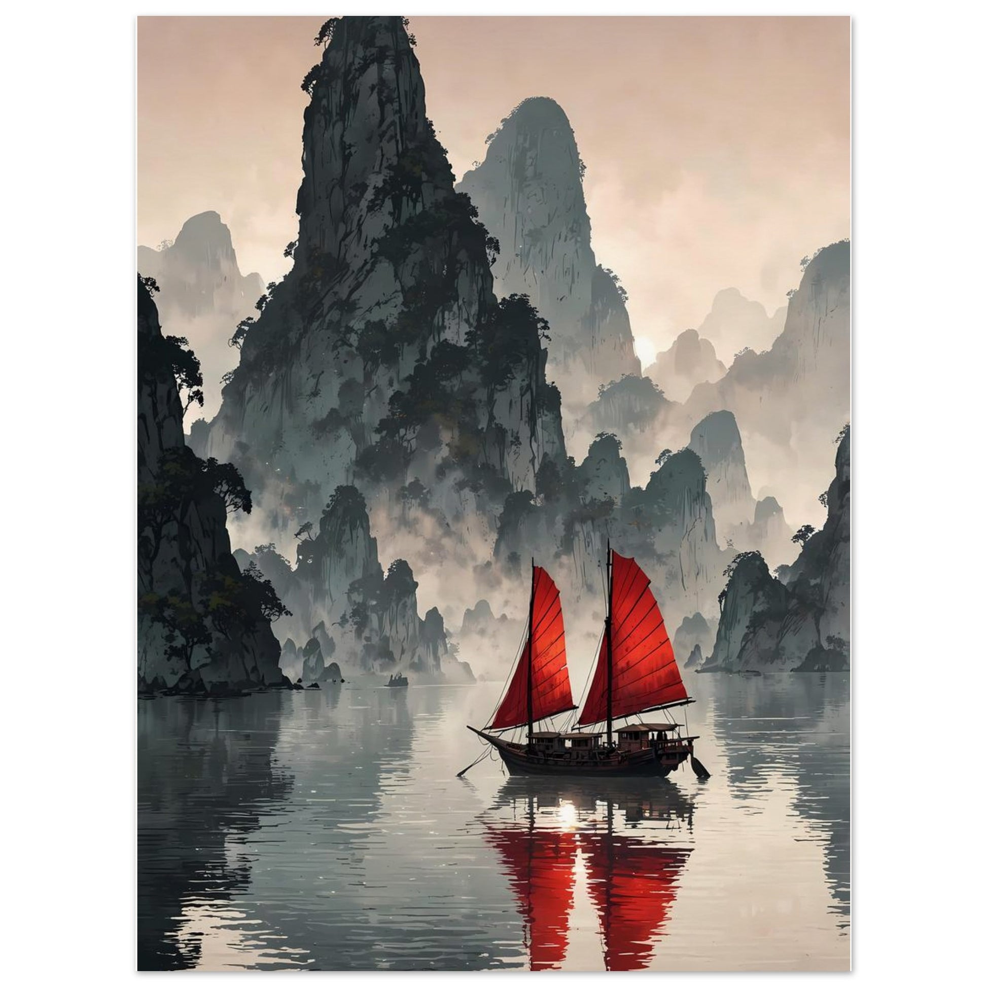 Affiche illustrée Baie de Ha Long, poster rétro, impression beaux-arts 250g