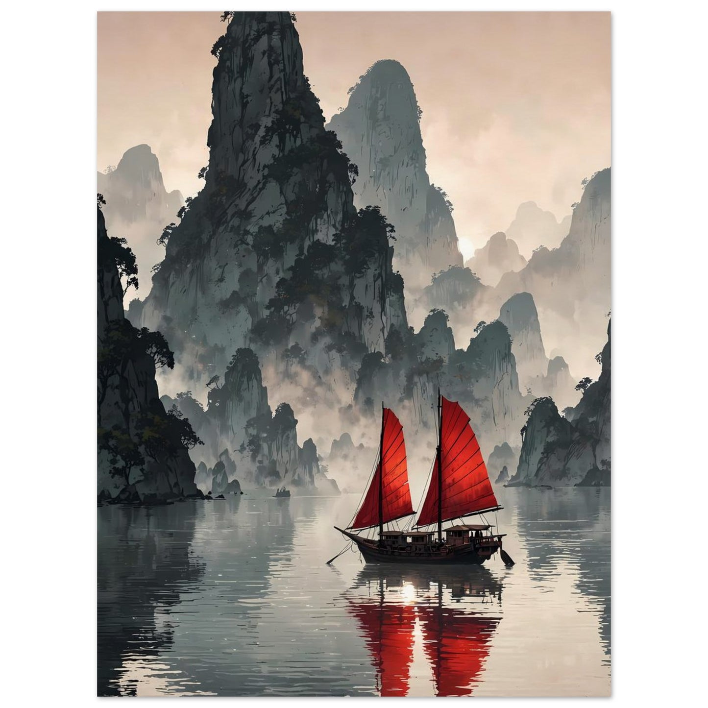 Affiche illustrée Baie de Ha Long — poster rétro, impression beaux-arts 250g