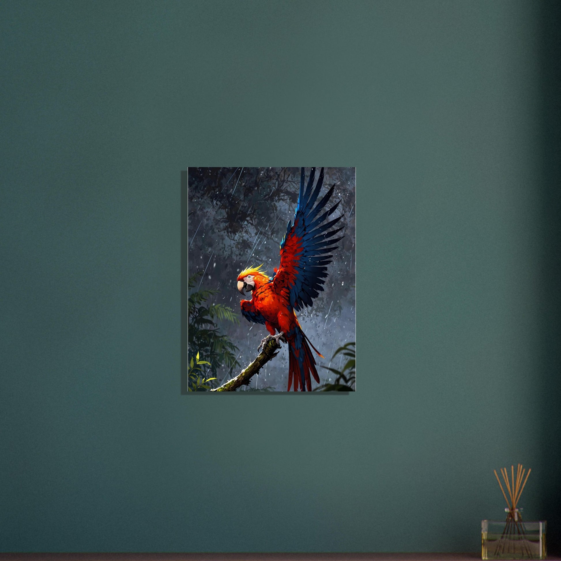 Affiche Perroquet ara rouge, mise en situation dans un intérieur