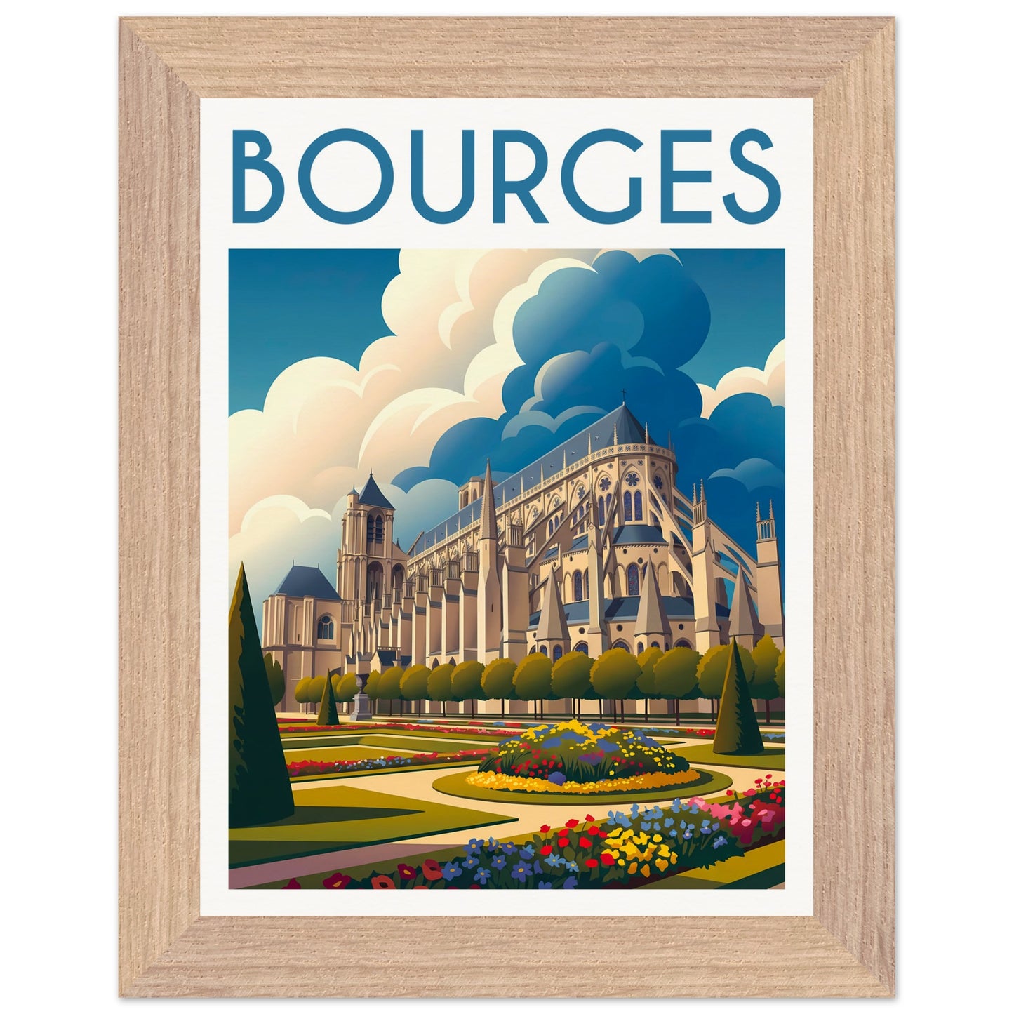 Tableau encadré Bourges 45x60 cm — cadre bois naturel — cathédrale Saint-Étienne