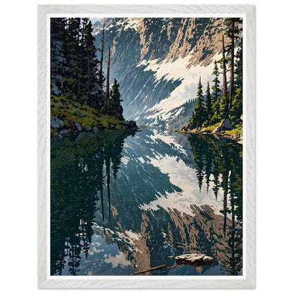 Affiche illustrée Forêt de pins et lac de montagne Encadrée — poster rétro, impression beaux-arts 250g