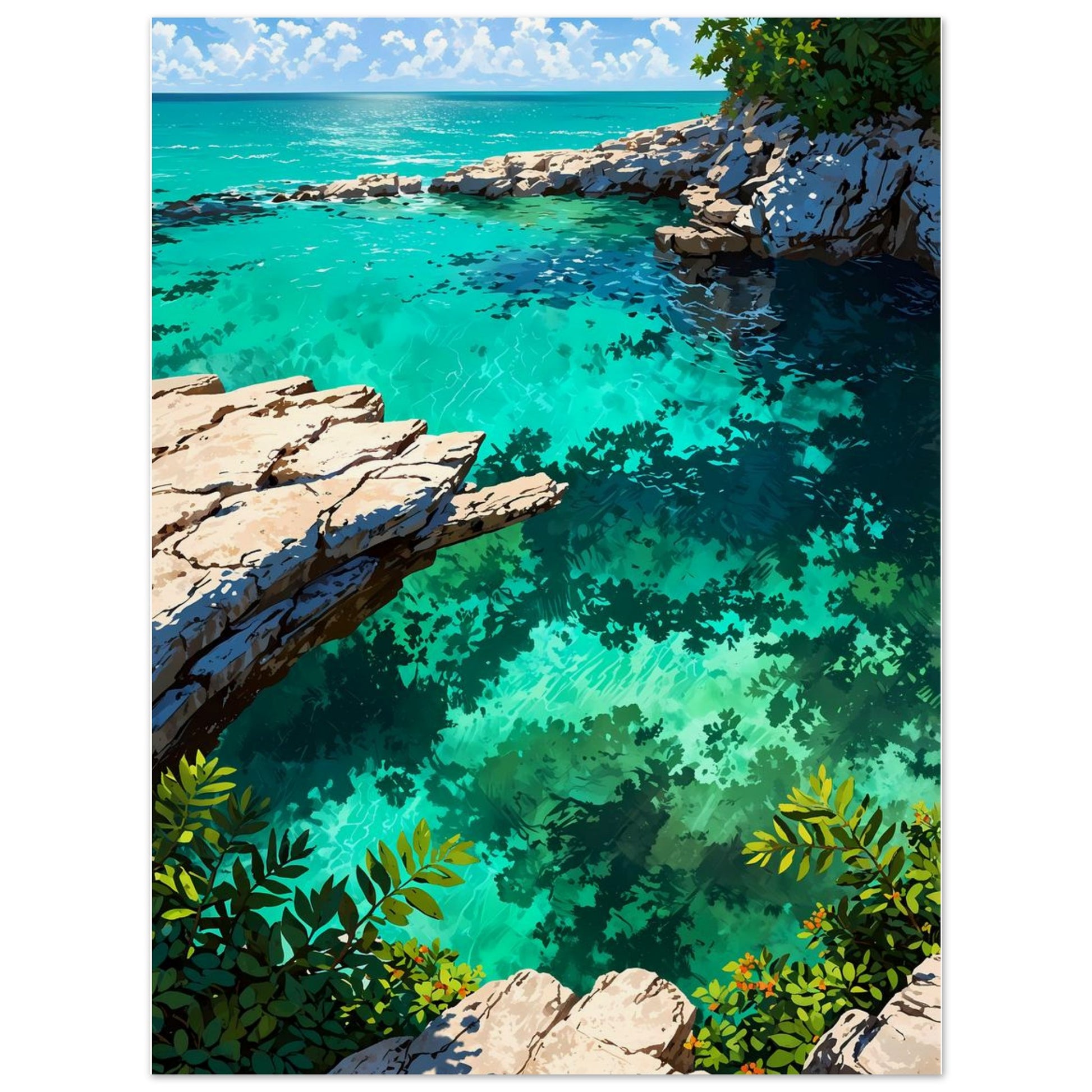 Affiche illustrée Plage sauvage du Yucatán, poster rétro, impression beaux-arts 250g