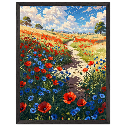 Affiche Champ de Pavots et Bleuets encadrée, cadre bois