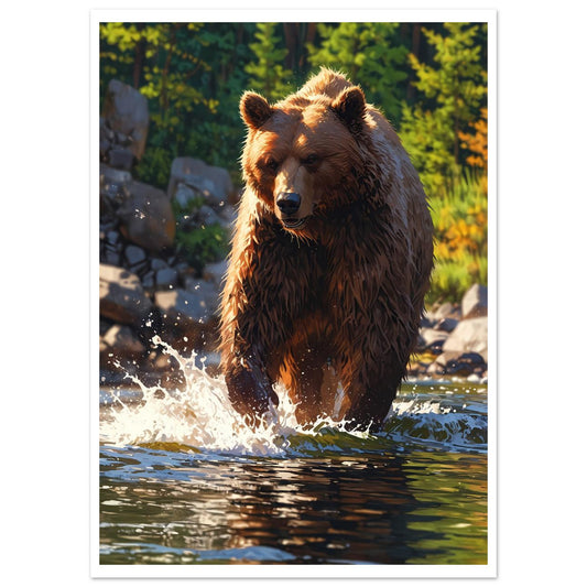 Ours brun, Rivière de montagne, Lumière de fin d'été – affiche d'art décoratif, poster mural | Muchimura