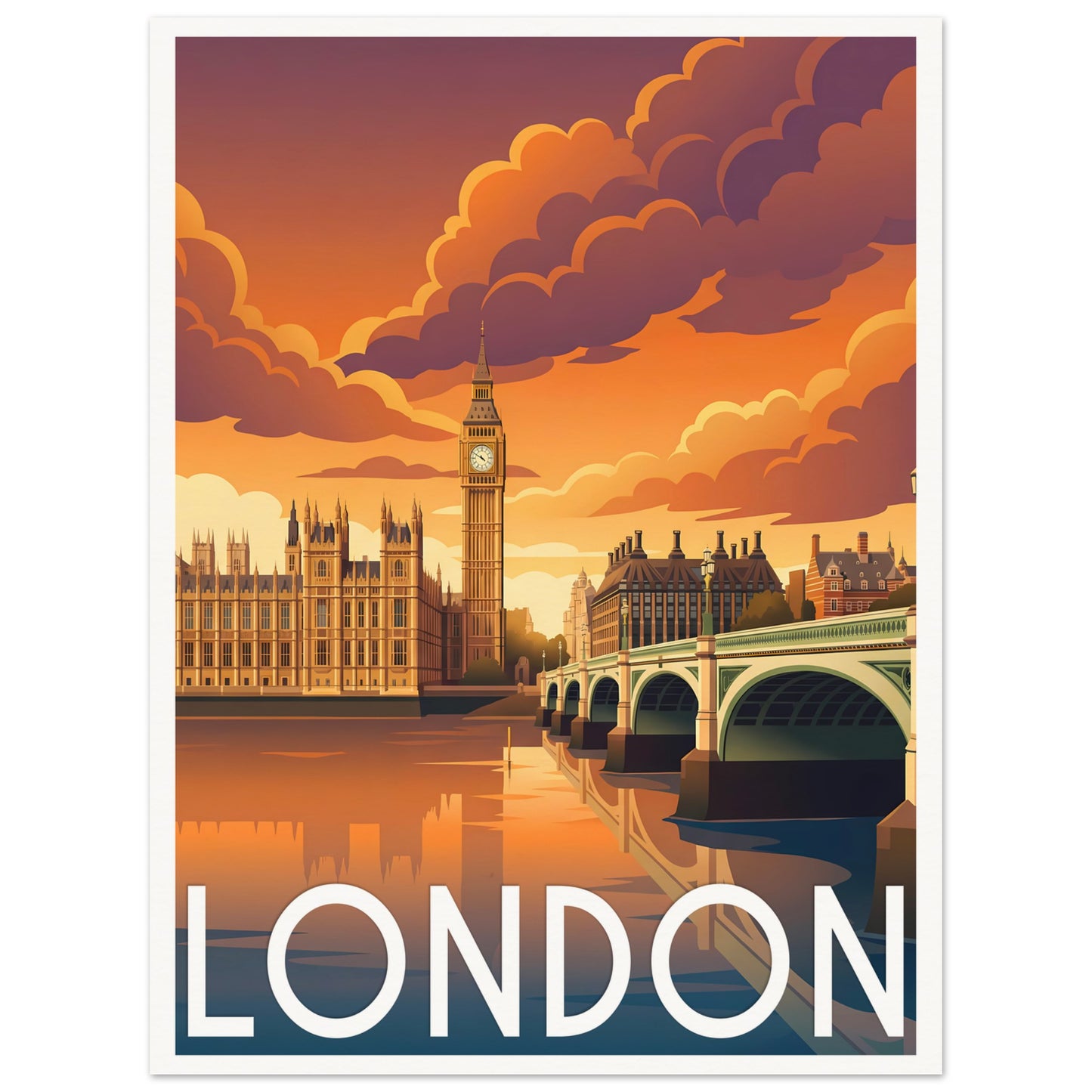 Affiche illustrée London — poster rétro, impression beaux-arts 250g