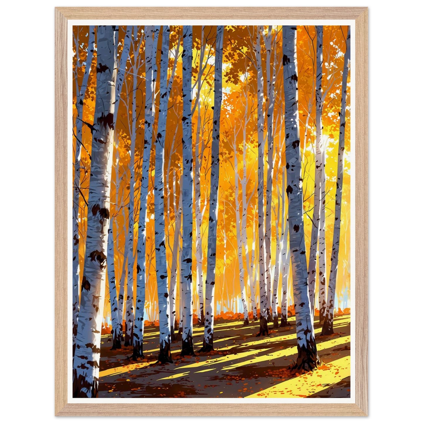 Affiche illustrée Forêt de bouleaux en automne Encadrée — poster rétro, impression beaux-arts 250g