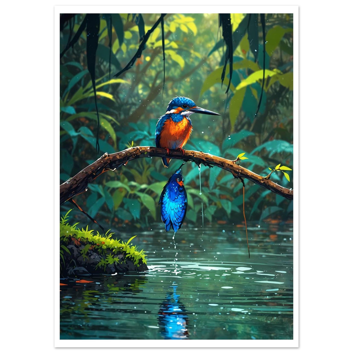 Martin-pêcheur, Branche au-dessus de l'eau, Soleil rasant – affiche d'art décoratif, poster mural | Muchimura