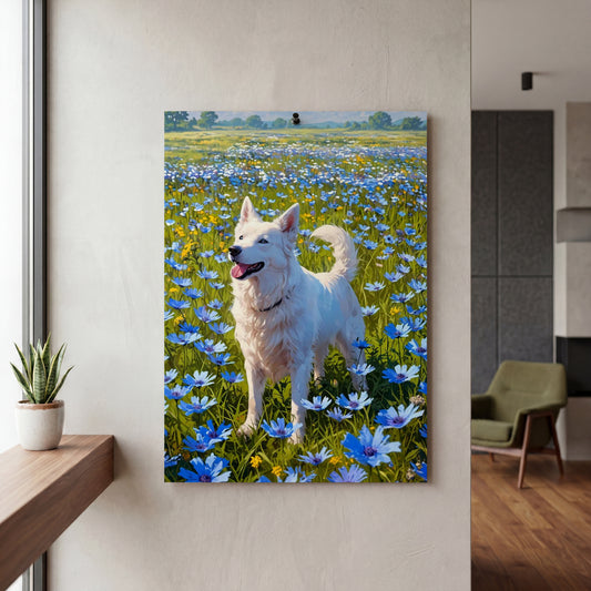Affiche Berger blanc suisse — mockup décoration intérieur