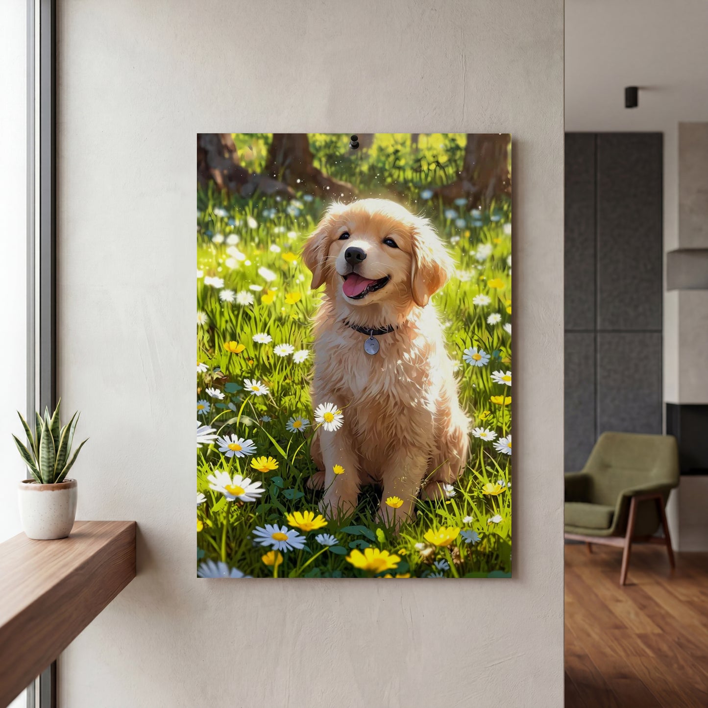 Affiche Golden retriever chiot — mockup décoration intérieur