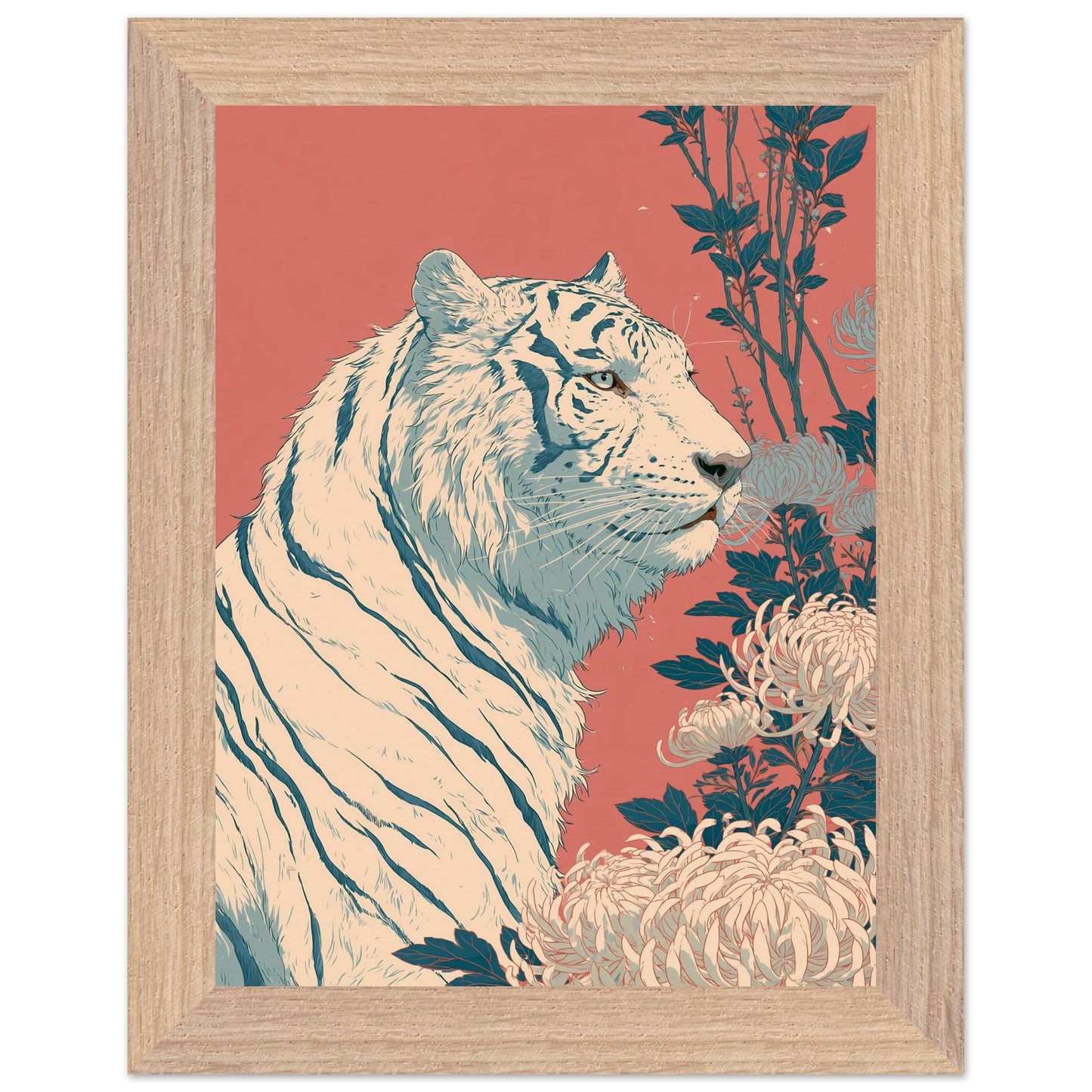 Affiche Tigre Blanc encadrée 15x20 cm, cadre bois naturel
