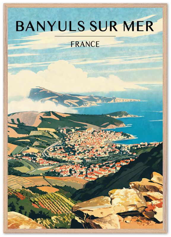 Affiche Banyuls-sur-Mer encadrée 70x100 cm, cadre bois naturel
