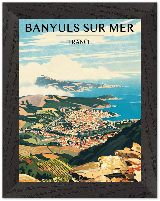 Affiche Banyuls-sur-Mer encadrée 15x20 cm, cadre noir