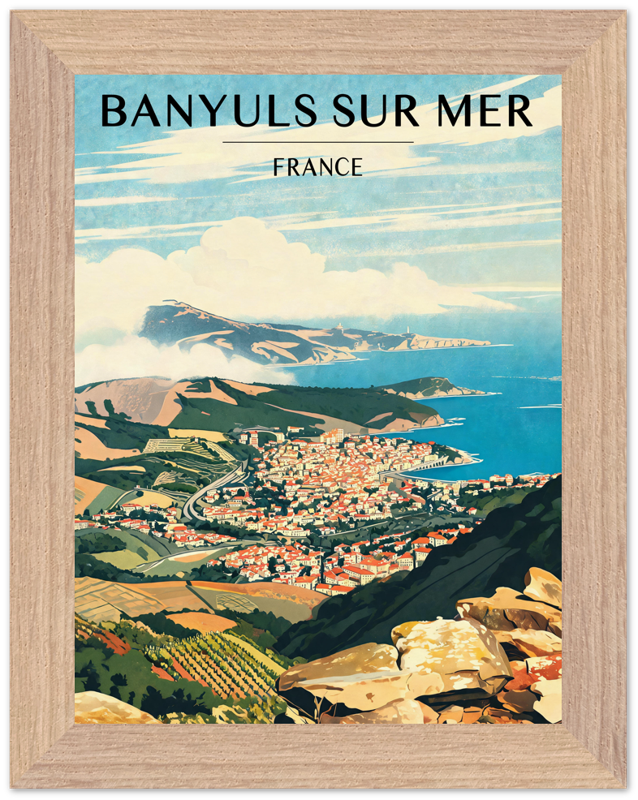 Affiche Banyuls-sur-Mer encadrée 15x20 cm, cadre bois naturel
