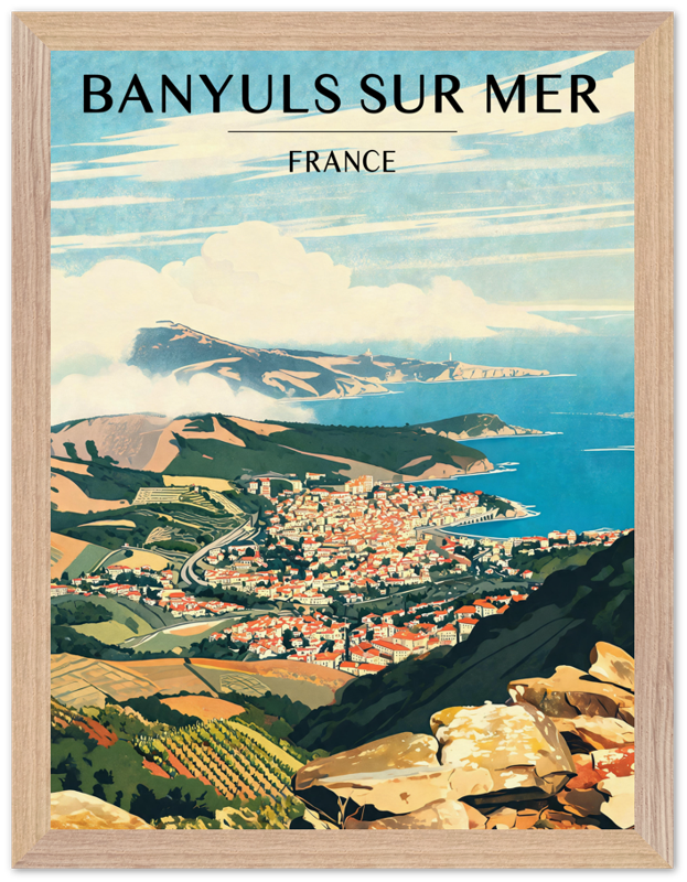Affiche Banyuls-sur-Mer encadrée 30x40 cm, cadre bois naturel