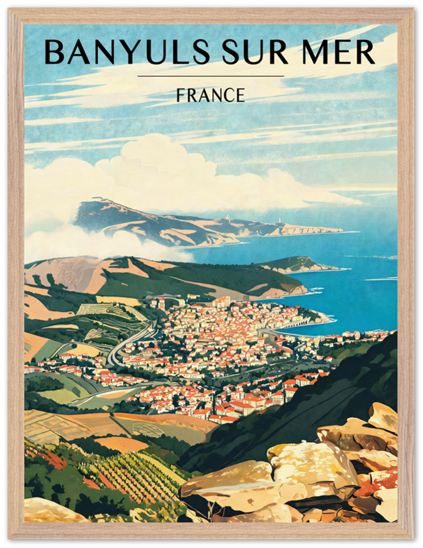 Affiche Banyuls-sur-Mer encadrée 45x60 cm, cadre bois naturel